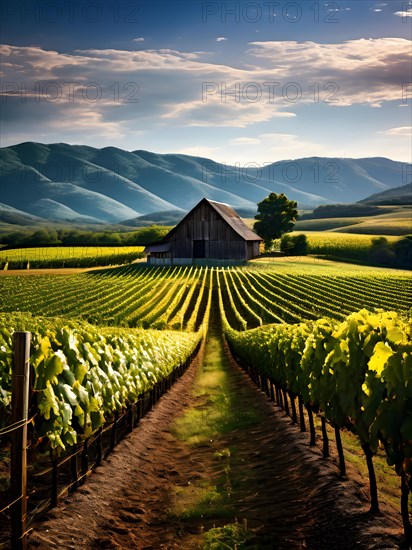 Vineyard at peak season grapevines in orderly rows, AI generated