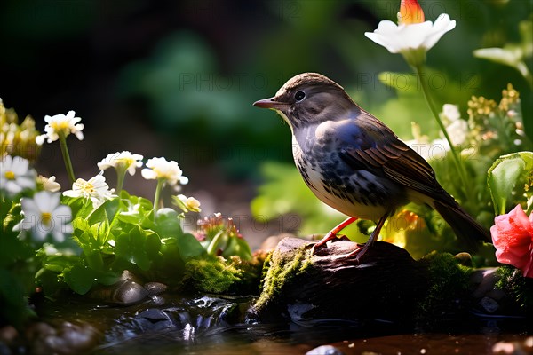 Dipper bird sitting in a blooming garden expressing summer wildlife, AI generated