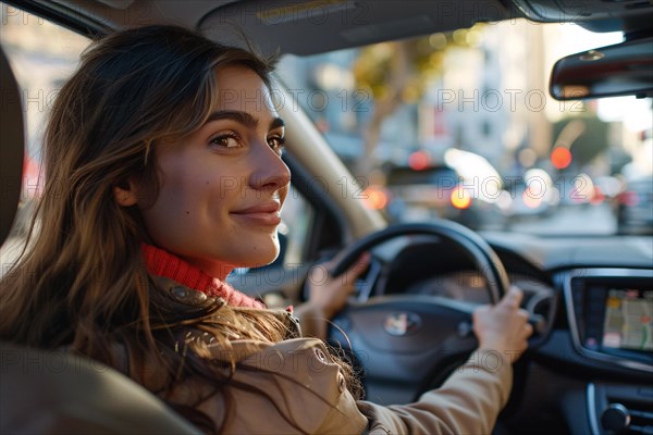 Cheerful woman smiling while driving with sunlight gently illuminating the car interior, AI generated