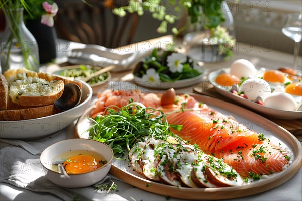 A sunlit table spread with smoked salmon, eggs, greens, and toast for a gourmet brunch, AI generated