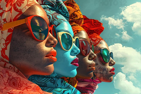 Colorful side profiles of women in headscarves and sunglasses against a sky backdrop, illustration, AI generated
