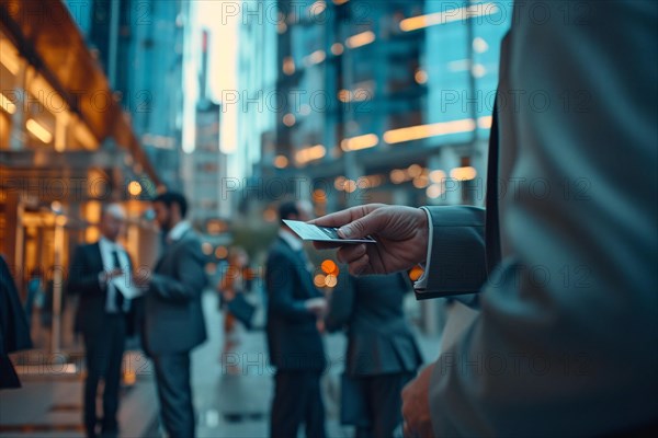 A businessman in a suit offering a credit card with cityscape in the background, AI generated