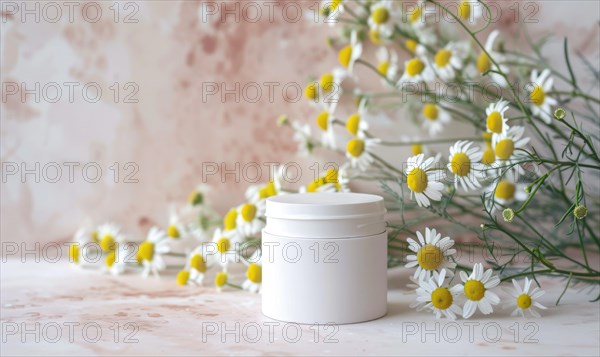 Blank cosmetic jar mockup placed on an elegant watercolor chamomile background, skin care and beauty AI generated