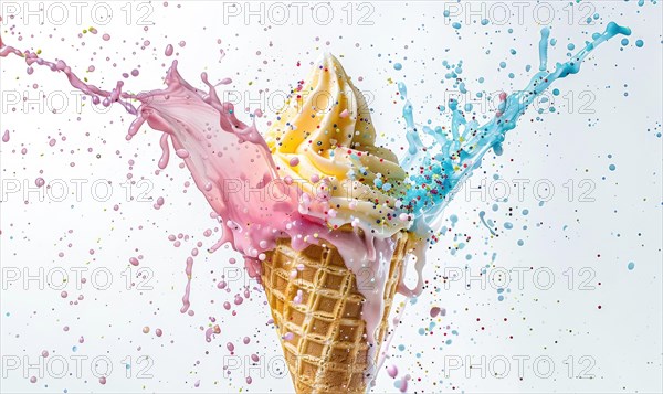 Ice cream cone explosion on white background AI generated