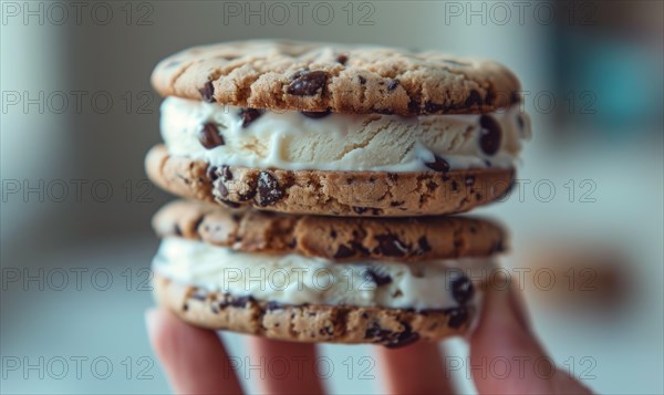 Ice cream sandwich with cookie crunch, closeup AI generated