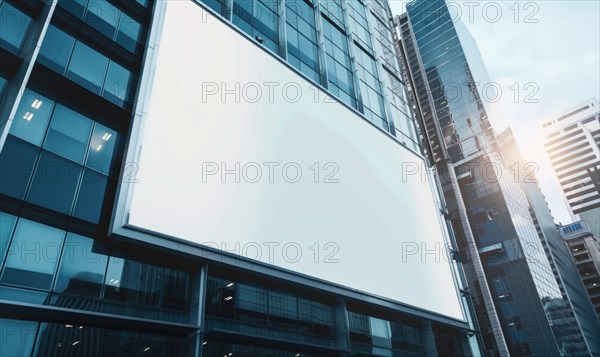 Blank screen banner mockup displayed on the modern building facade. Close Up view AI generated