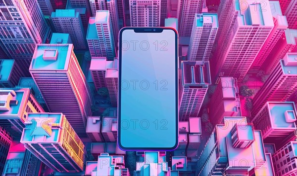 Smartphone mockup with a blank screen on a vibrant cityscape background AI generated