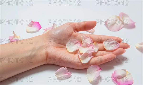 Woman's hand on white background with flower petals around AI generated