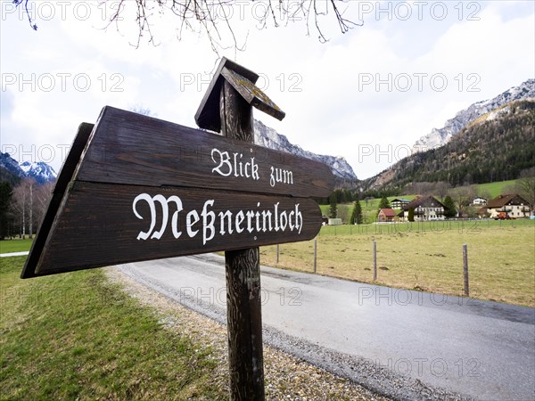 Information board, view to Messnerinloch, rock window, Oberort, municipality of Tragoess-St. Katharein, Styria, Austria, Europe