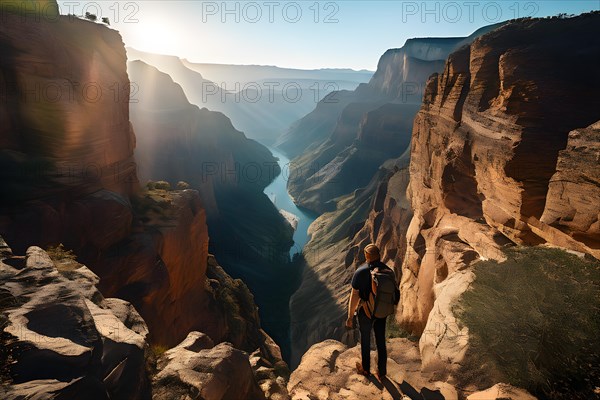 Hiker positioned on the edge of a rugged cliff with panoramic canyon with a winding river expanse below bathed in sunlight, AI generated