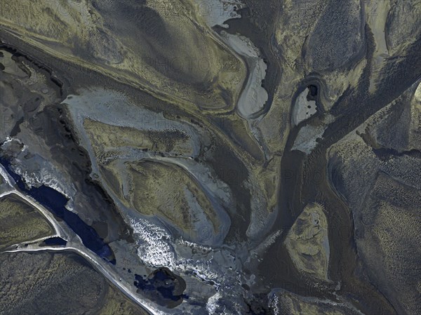 Overgrown river landscape, Eldhraun, near Kirkjubaejarklaustur, drone image, Sudurland, Iceland, Europe