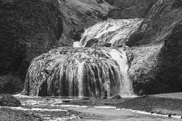 Stjornarfoss waterfall, near Kirkjubaejarklaustur, black and white photo, Sudurland, Iceland, Europe