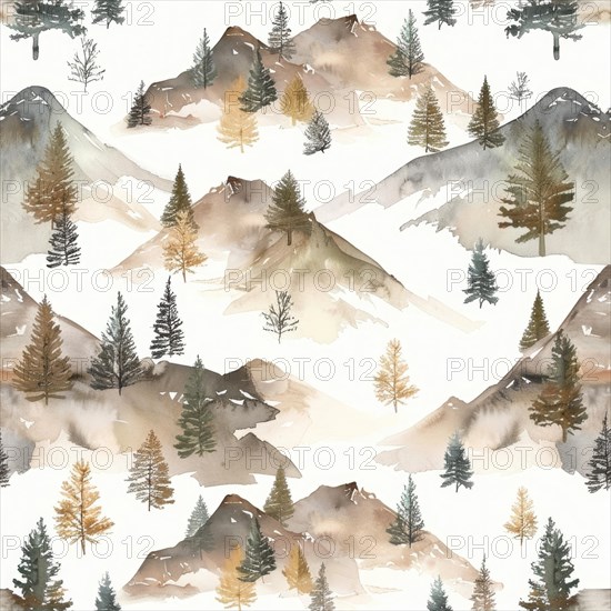 Landscape watercolor pattern with serene scenery and soft tones, abstract nature background, seamless pattern AI generated