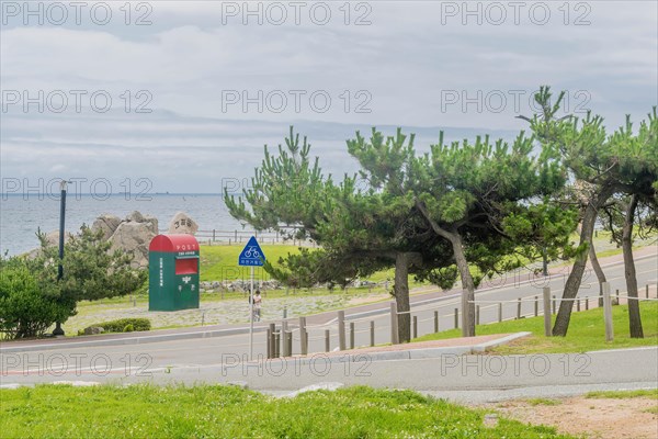 Scenic view of a road with sea and sky in the distance and trees surrounding a post box, in Ulsan, South Korea, Asia