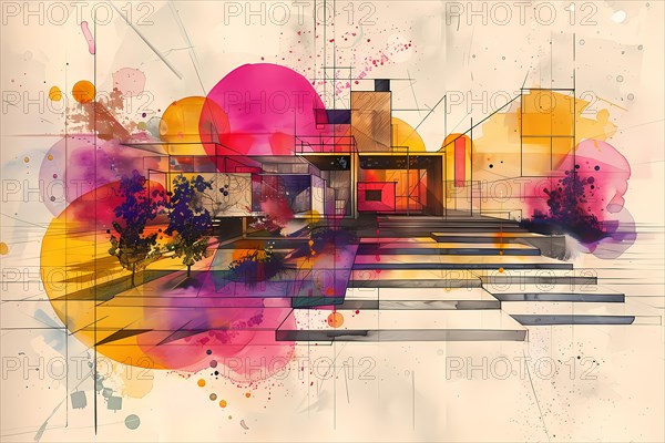 Playful and artistic rendering of a modern house with warm colors and abstract pink bubbles, AI generated