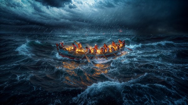 Illuminated boat with a group wearing life jackets rowing through ocean waves at night, AI generated