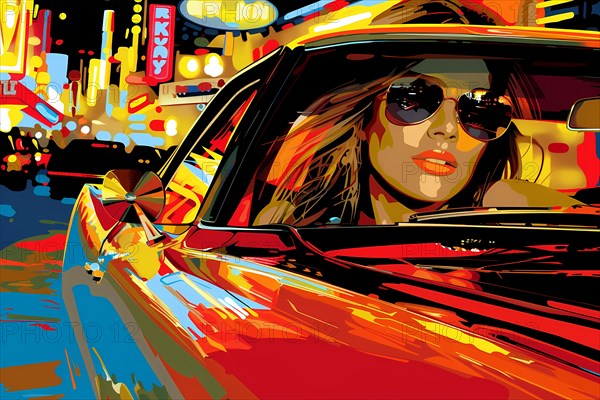 Vibrant urban scene of a woman driving at night, surrounded by colorful city lights, illustration, AI generated