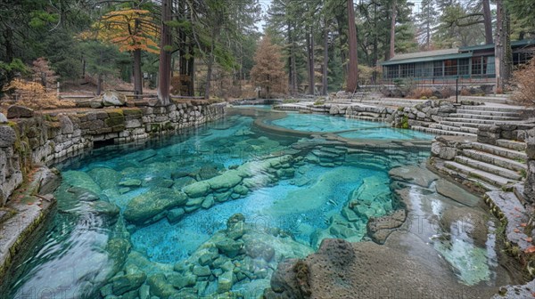 Clear thermal pool surrounded by a tranquil forest environment, relaxation, recreation, serenity, naturalness, meditation, enjoyment concept, AI generated