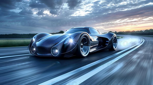 Sleek A hydrogen internal combustion engine vehicle hypercar concept speeding on a highway during twilight showcasing speed and luxury, AI generated