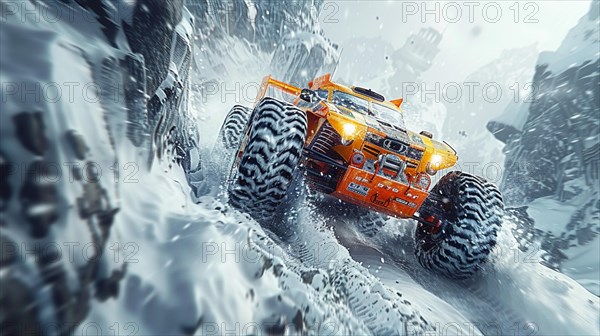 An orange monster truck powers through a snowy blizzard, contrasting the frozen landscape with its vibrant color, AI generated