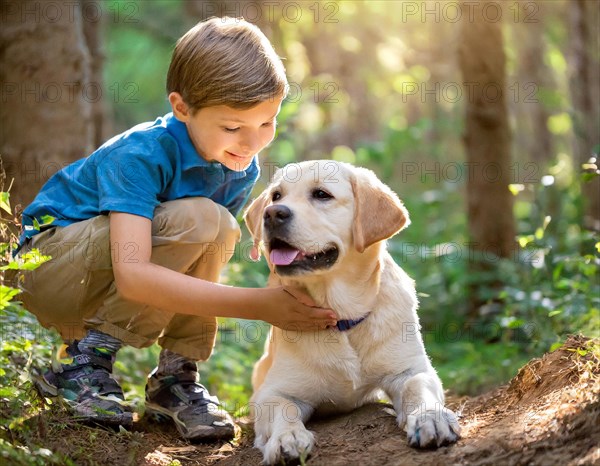 Dog, young Labrador being petted by a boy in the forest, child, 5 years old, AI generated, AI generated