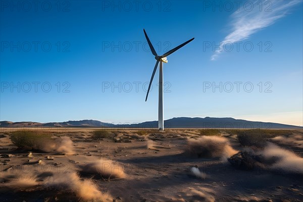 Wind turbine standing idle in a still lifeless desert representing the challenges of transitionion, AI generated