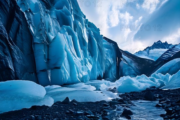 Glacier fractures embracing the deep crevasses indicative of rapid melting under a subdued sky, AI generated