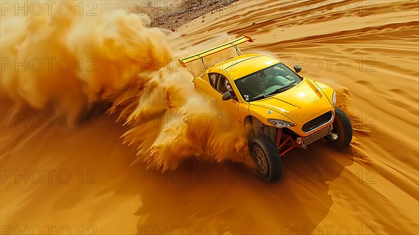 A yellow sports car races through the desert, leaving a trail of sand, ai generated, AI generated