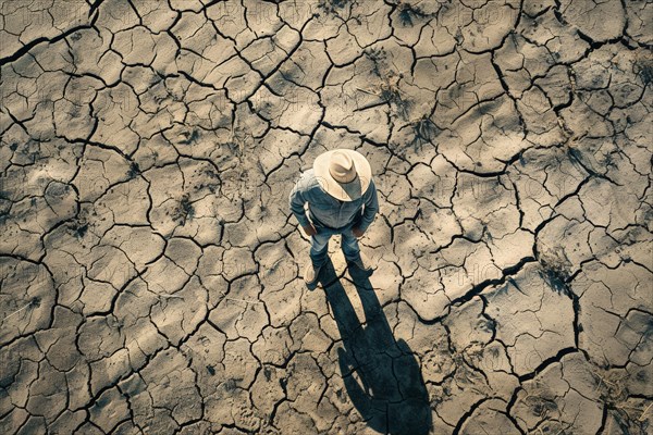 A farmer stands on a parched, cracked earth surface, due to lack of water, drought, extreme weather, symbolic image for climate crisis, climate change, global warming, crop failure, crop failure, AI generated, AI generated, AI generate, AI generated