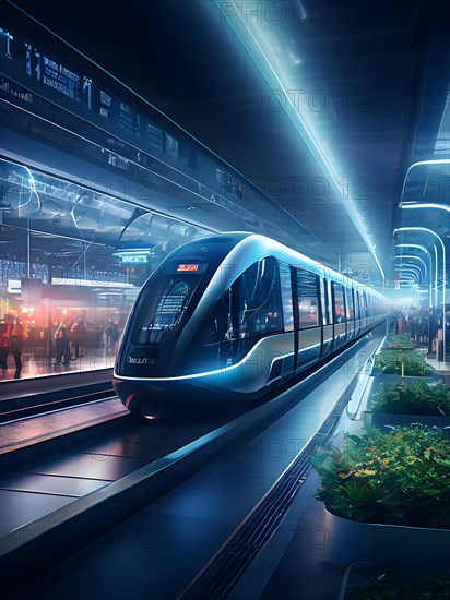 Conceptual digital rendering featuring a seamless transportation hub convergence of autonomous trains, AI generated