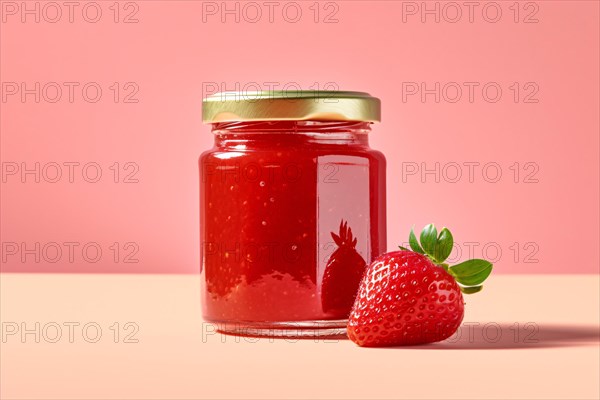 Jar of strawberry fruit marmelade or jam on pink background. KI generiert, generiert, AI generated