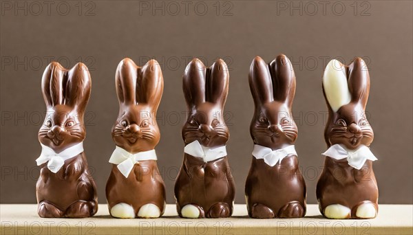 Brown chocolate bunnies with white flies in a row, Easter symbol, AI generated, AI generated