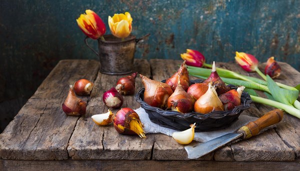 An atmospheric still life with fresh tulips and tulip bulbs on an old wooden table, AI generated, AI generated