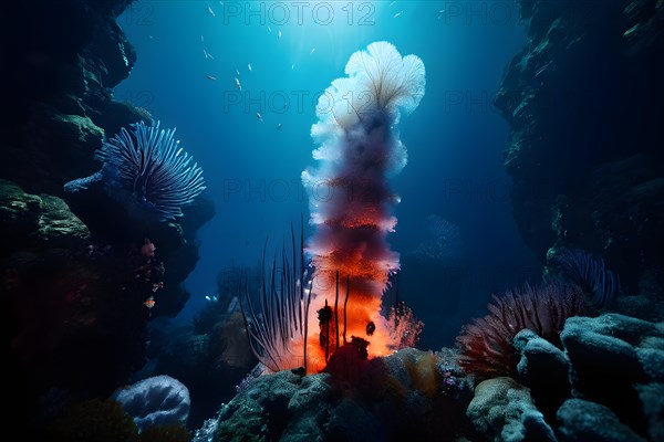 Hydrothermal vent chimney encircled by tube worms in deep ocean habitat, AI generated