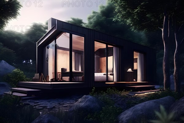 Eco friendly tiny house located centrally embraced by natures tranquility, AI generated