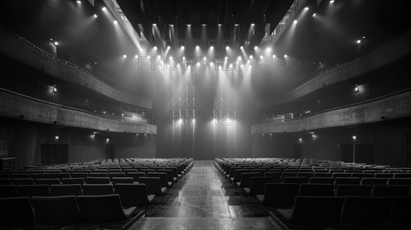 Monochrome image of an empty theater interior with dramatic lighting on the stage, ai generated, AI generated