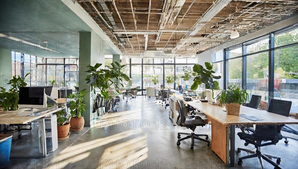 Loft office with modern furnishings, concrete ceiling and lots of plants ensures a pleasant climate, Symbol office, AI generated, AI generated