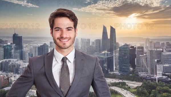 Friendly smiling businessman with modern city backdrop, office icon, AI generated, AI generated