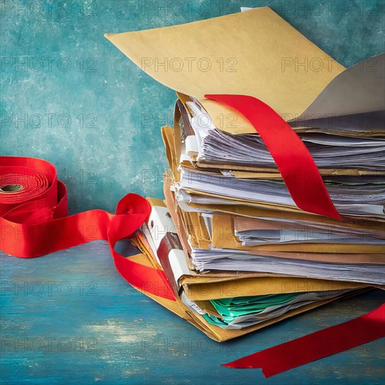 Pile of documents wrapped in red ribbon next to an open brown envelope on wooden surface, symbol bureaucracy, AI generated, AI generated