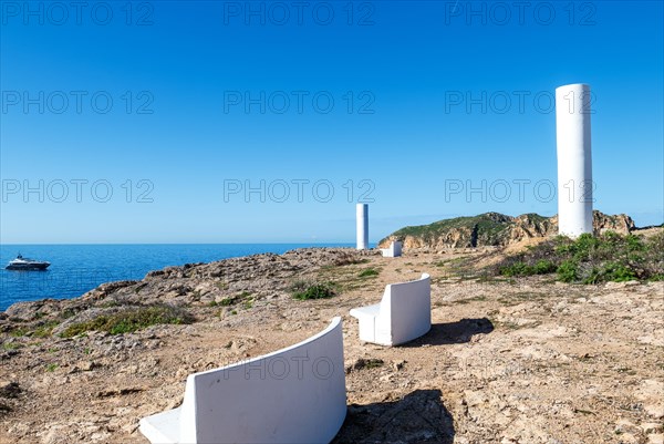 Modern outdoor furniture, benches at the Mirador de les Malgrats viewpoint near Santa Ponca or Santa Ponsa, Majorca, Balearic Islands, Spain, Europe