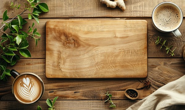 A top-down view of a coffee cup with intricate latte art on a wooden surface with herbs AI generated