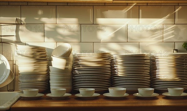 Morning sunlight casting shadows and reflections on stacks of dishes in a tidy kitchen AI generated