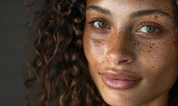 Intimate portrait of a woman with curly hair and freckles AI generated