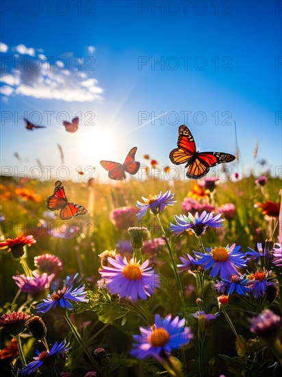 Monarch butterflies dancing amidst a vibrant wildflower meadow, AI generated