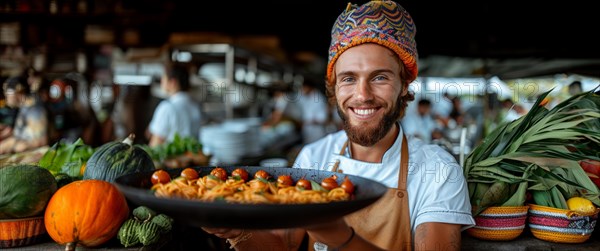 A cheerful chef in a vibrant market presents a dish surrounded by fresh produce, AI generated