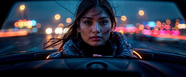 Mixed-race asian Woman with an intense look inside a car at night, city lights creating a bokeh effect, AI generated
