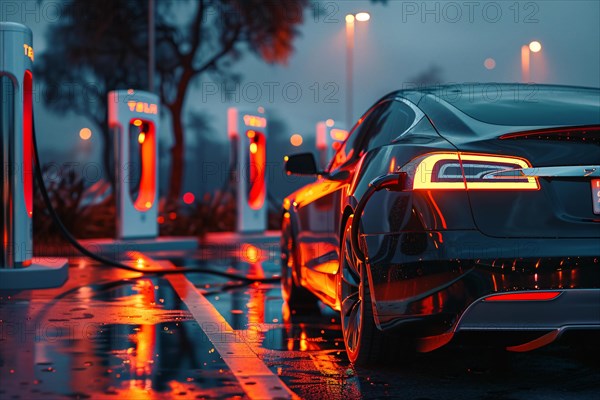 A sleek electric car charges at a neon-lit station on a rainy evening, AI generated