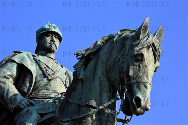 The historic old town centre of Coburg with a view of the equestrian monument to Duke Ernst II. Coburg, Upper Franconia, Bavaria, Germany, Europe