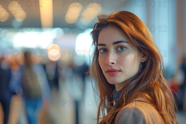 Close-up of a young woman with striking blue eyes against a blurred indoor background, AI generated