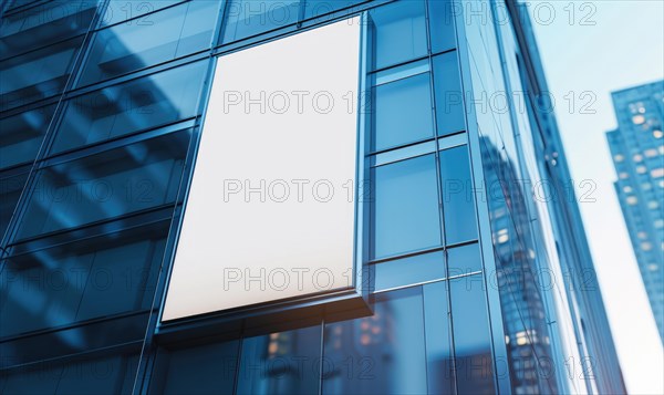 Blank screen banner mockup displayed on the modern building facade. Close Up view AI generated